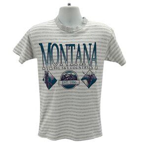 Vintage Montana Adult Small Shirt Single Stitch Striped Gray White 90s T-shirt